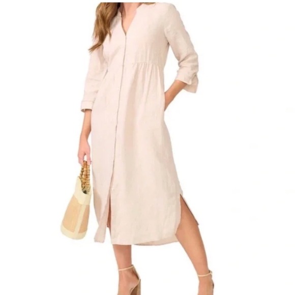 J. McLaughlin Dresses & Skirts - J McLaughlin Large Ceylon Linen Dress V-Neck 3/4 Sleeve Beige Midi Shirt Dress